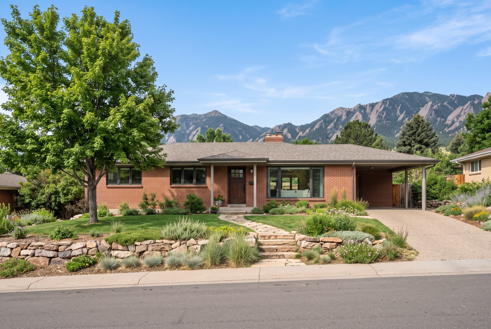 Brick ranch with the Flatirons out the front window, South Boulder, Boulder